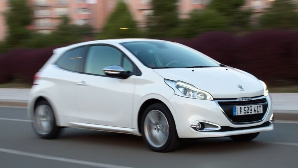 Un coche de la marca Peugeot modelo 208 de color blanco corriendo por la ciudad