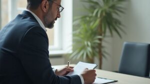 Persona leyendo y firmando el documento "proceso de encargo" con PuretechLegal